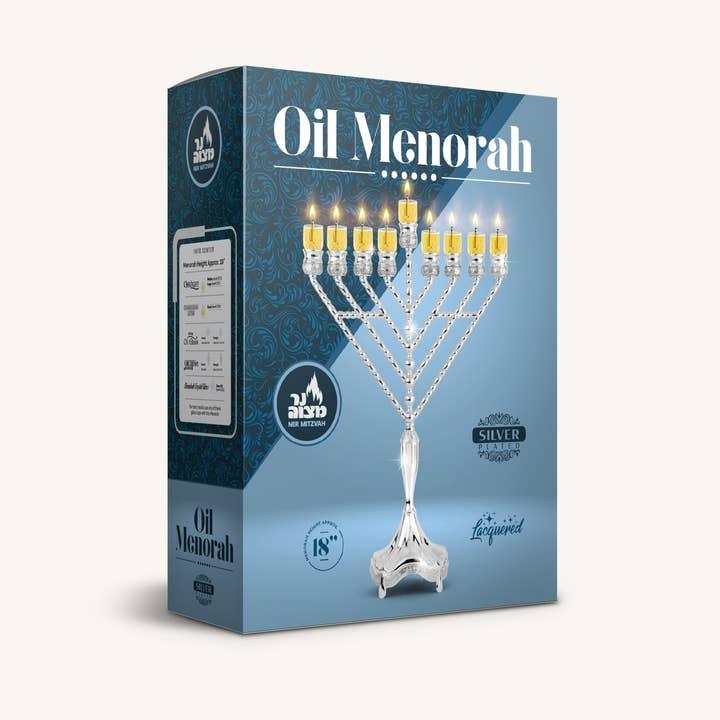 Précommande - Hanoukia à l'huile sur pied, en métal plaqué argent, 45,7 cm, style 'Habad / Rambam - Bayit Tova