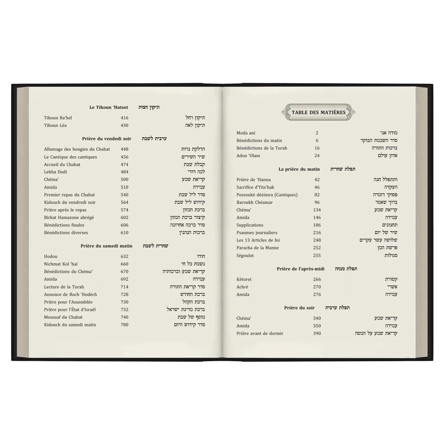 Pages ouvertes de la table des matières d'un livre de prières juives en français et hébreu