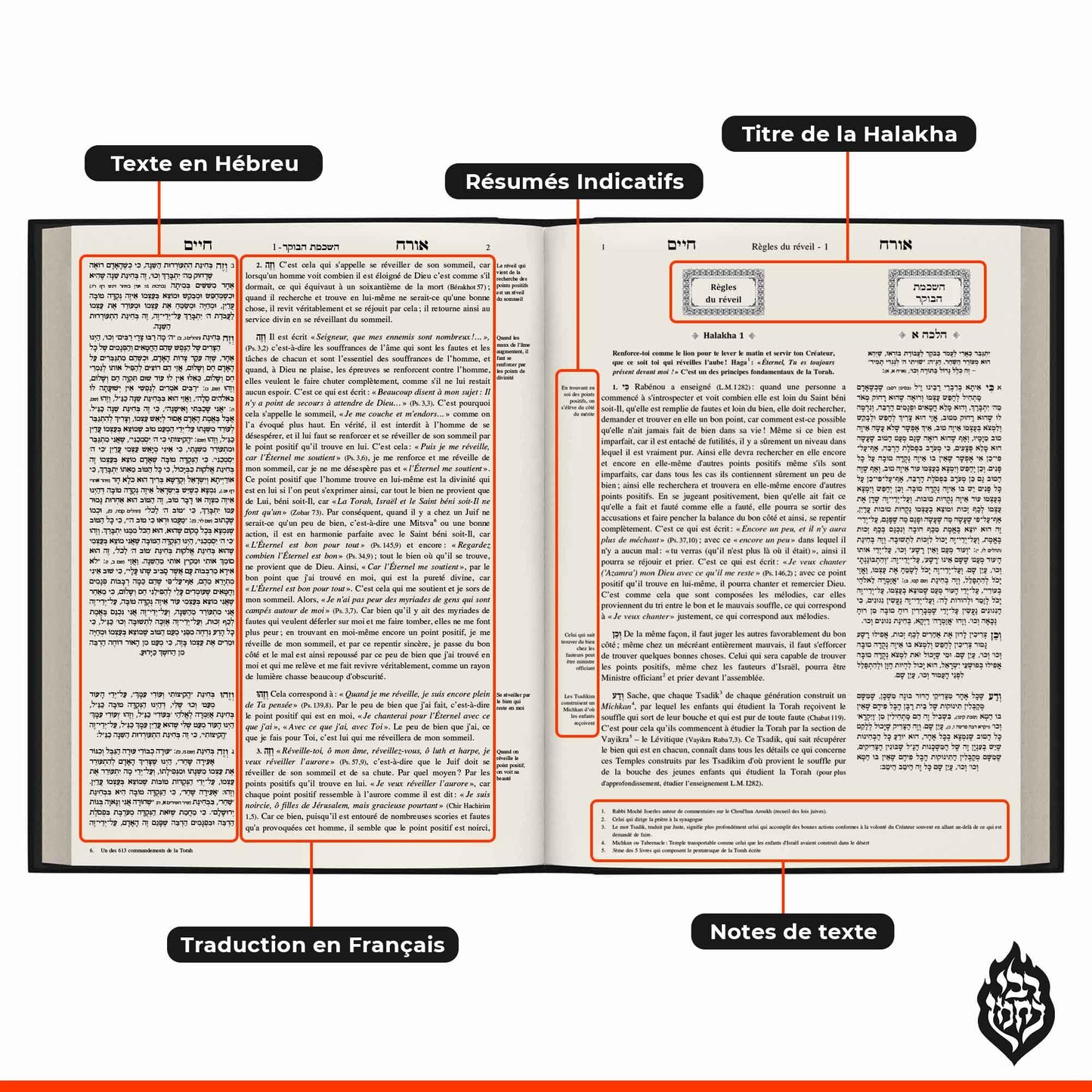 Page ouverte de Likoute Halakhot Orah Haim avec texte en hébreu, traduction française, titres et notes