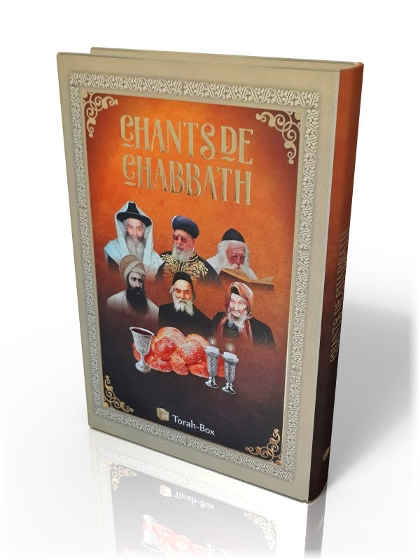 Livre 'Chants de Chabbath' avec portraits traditionnels et symboles juifs sur fond orange