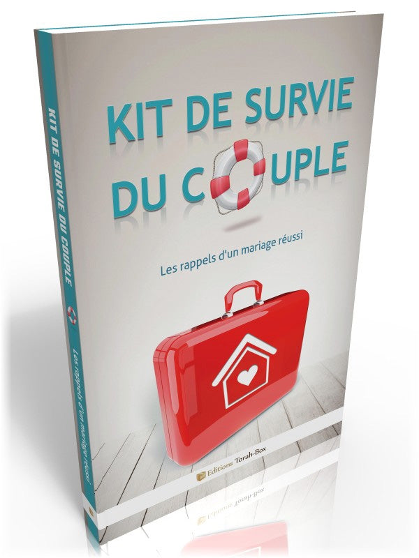 Couverture de livre "Kit de survie du couple" avec une valise rouge et une bouée de sauvetage, conseils mariage