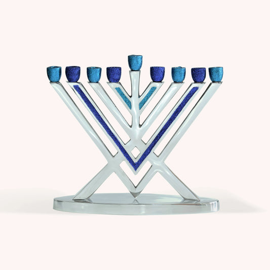 Précommmande - Hanoukia à bougie, bleue et argentée, style Rambam - Bayit Tova