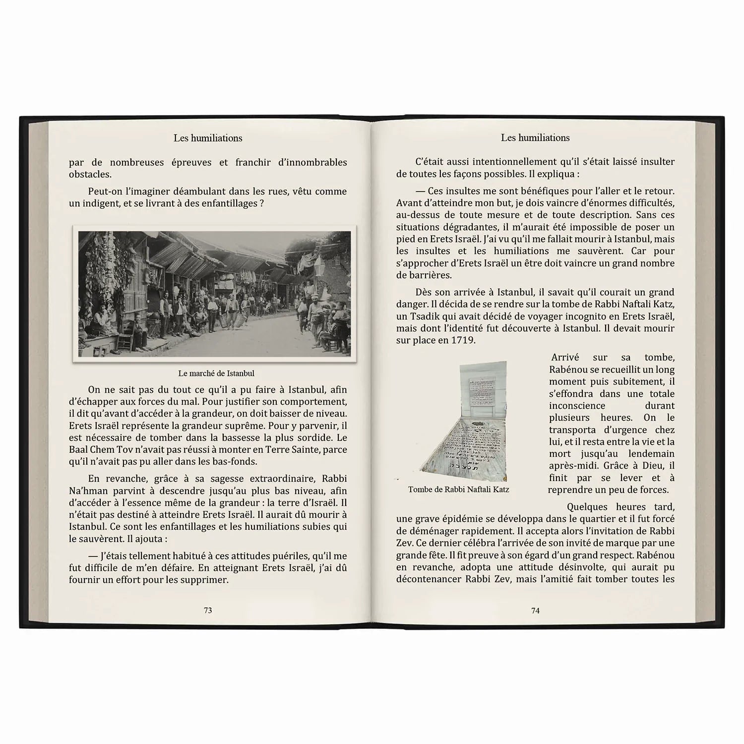 Pages d'un livre ouvert en français sur Rabbi Nahman avec photos du marché d'Istanbul et de la tombe de Rabbi Naftali Katz