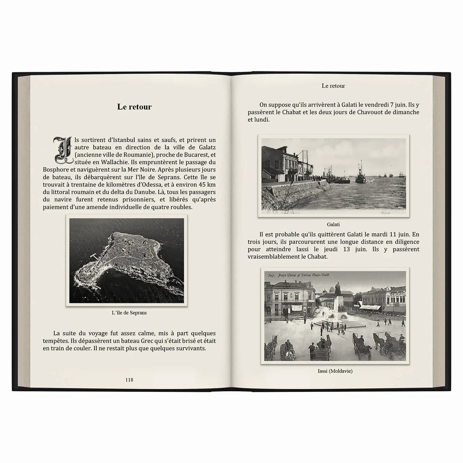 Pages ouvertes d'un livre en français avec photos en noir et blanc de l'île de Seprans, Galati et Iassi en Moldavie