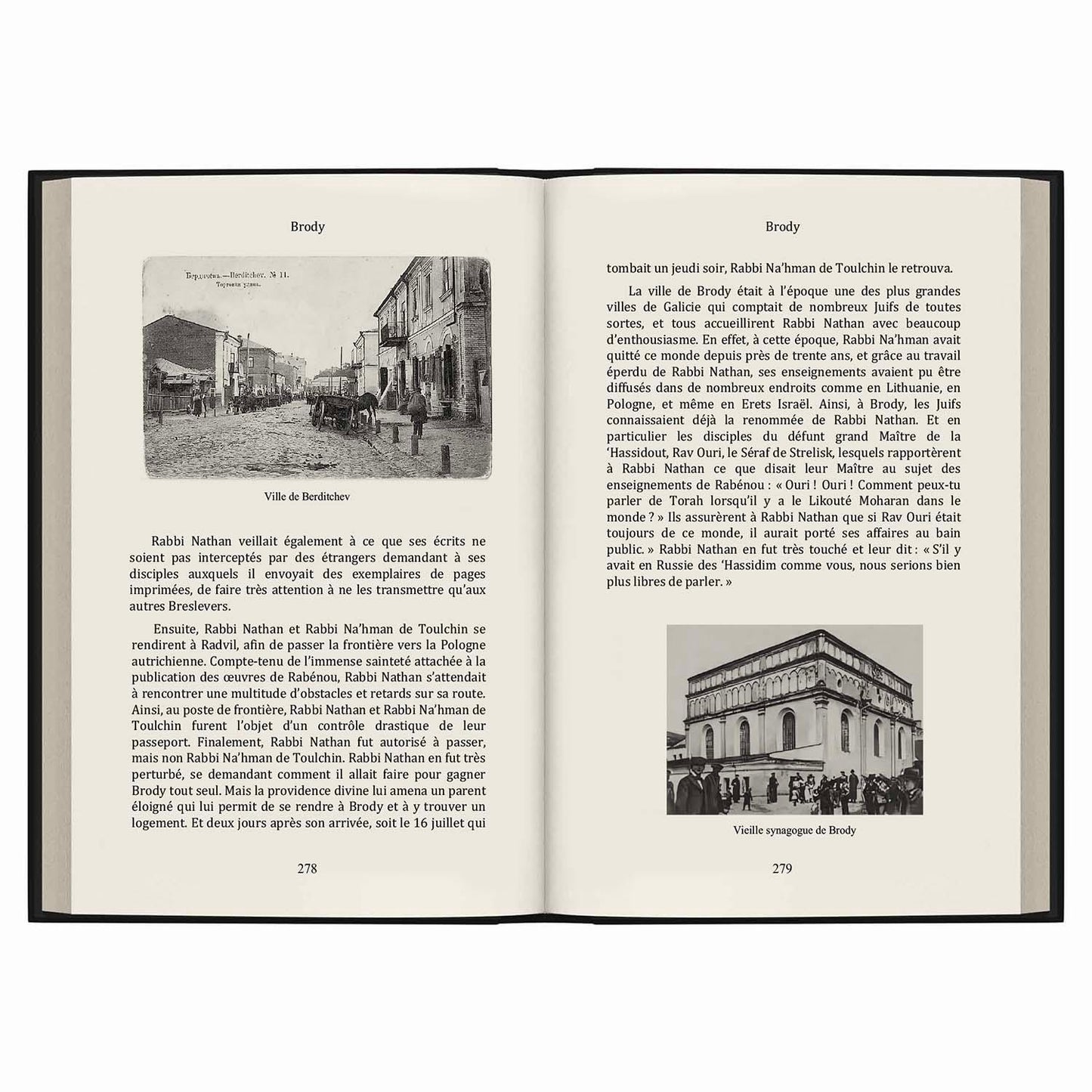 Pages ouvertes d'un livre en français sur Rabbi Nathan avec photos anciennes de la ville de Brody et sa synagogue