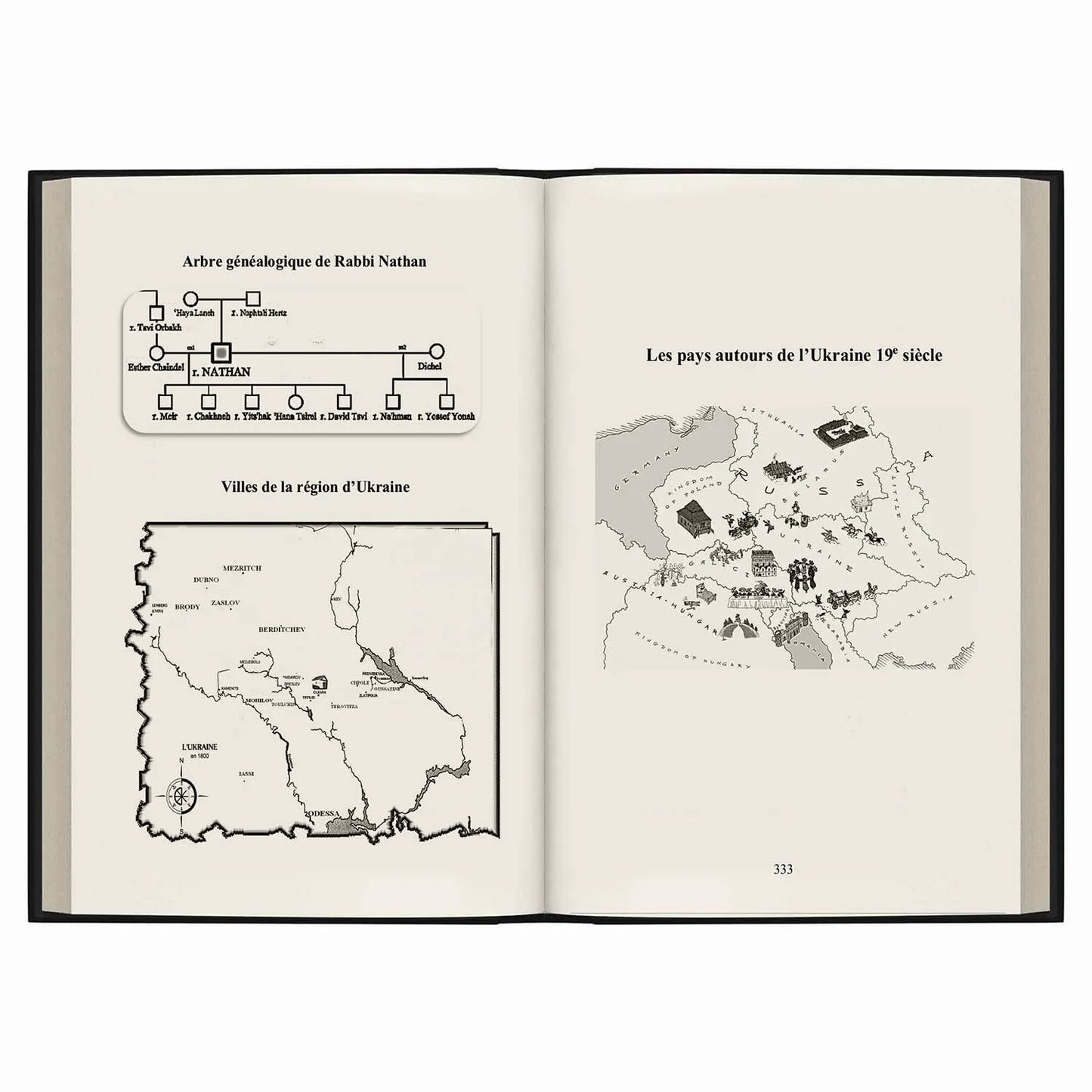Double page d'un livre avec arbre généalogique de Rabbi Nathan et cartes historiques de l'Ukraine 19e siècle