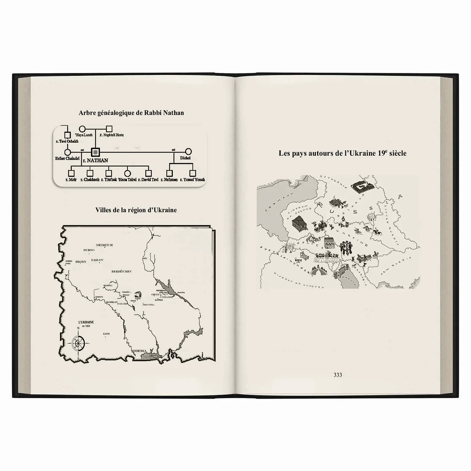 Double page d'un livre avec arbre généalogique de Rabbi Nathan et cartes historiques de l'Ukraine 19e siècle