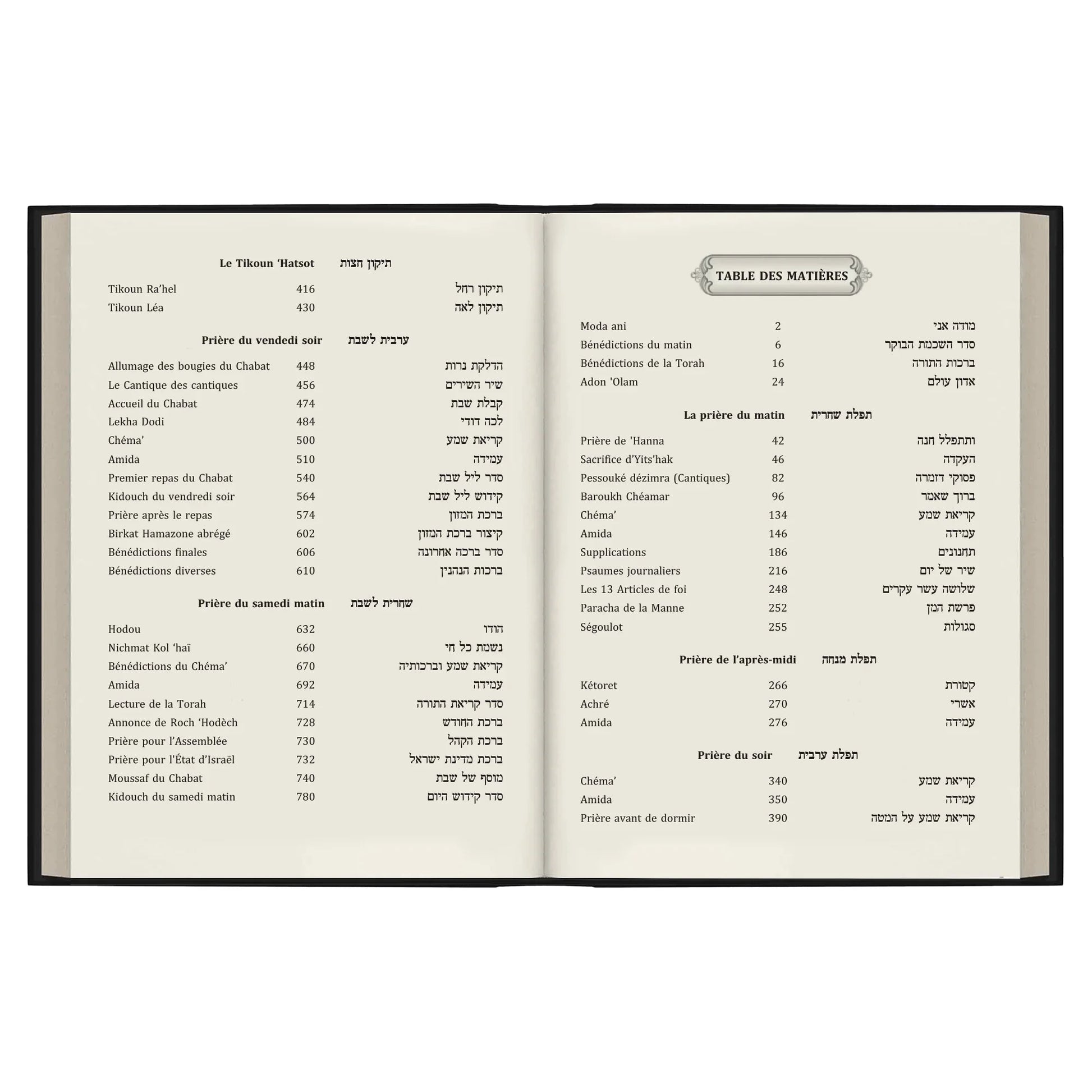 Pages ouvertes de la table des matières d'un livre de prières juives en français et hébreu