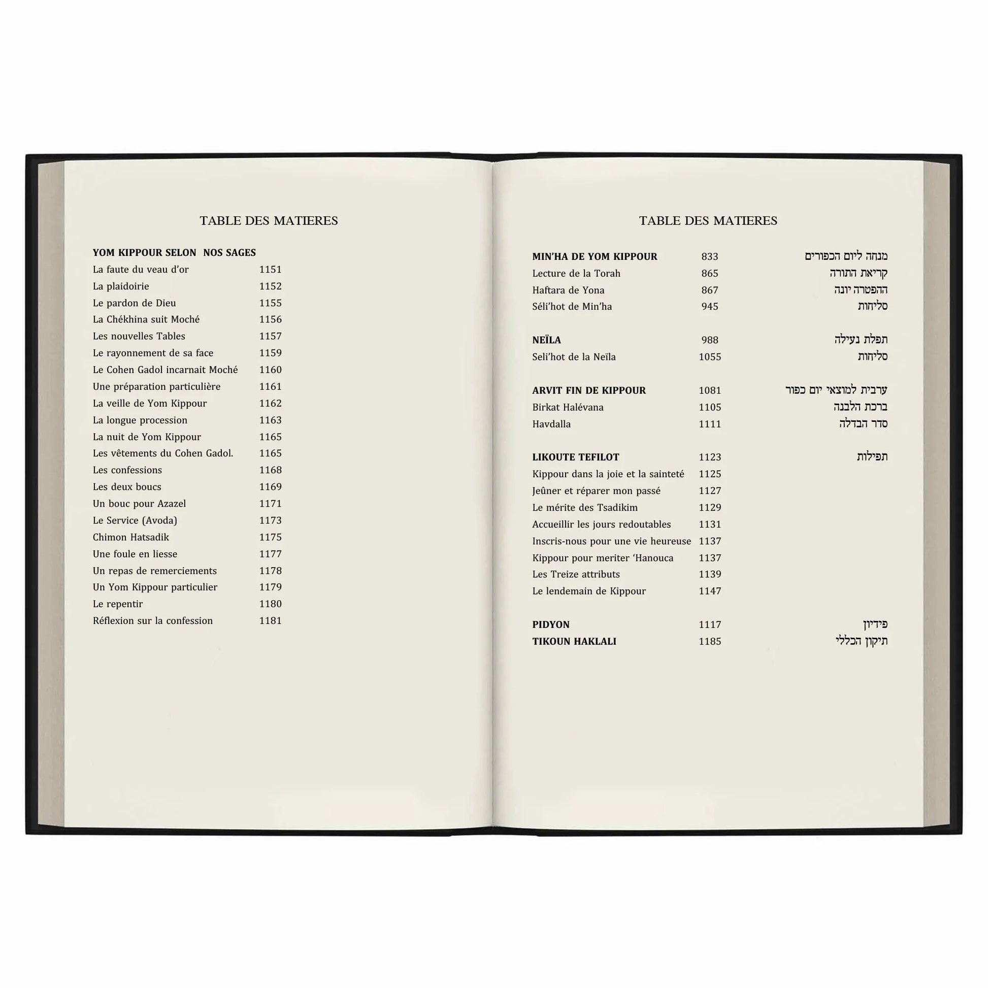 Table des matières d'un livre sur Yom Kippour avec titres en français et en hébreu sur fond blanc