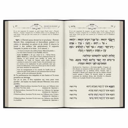 Pages ouvertes d'un livre sacré avec texte en hébreu et français sur les 13 Attributs divins et prières du judaïsme.