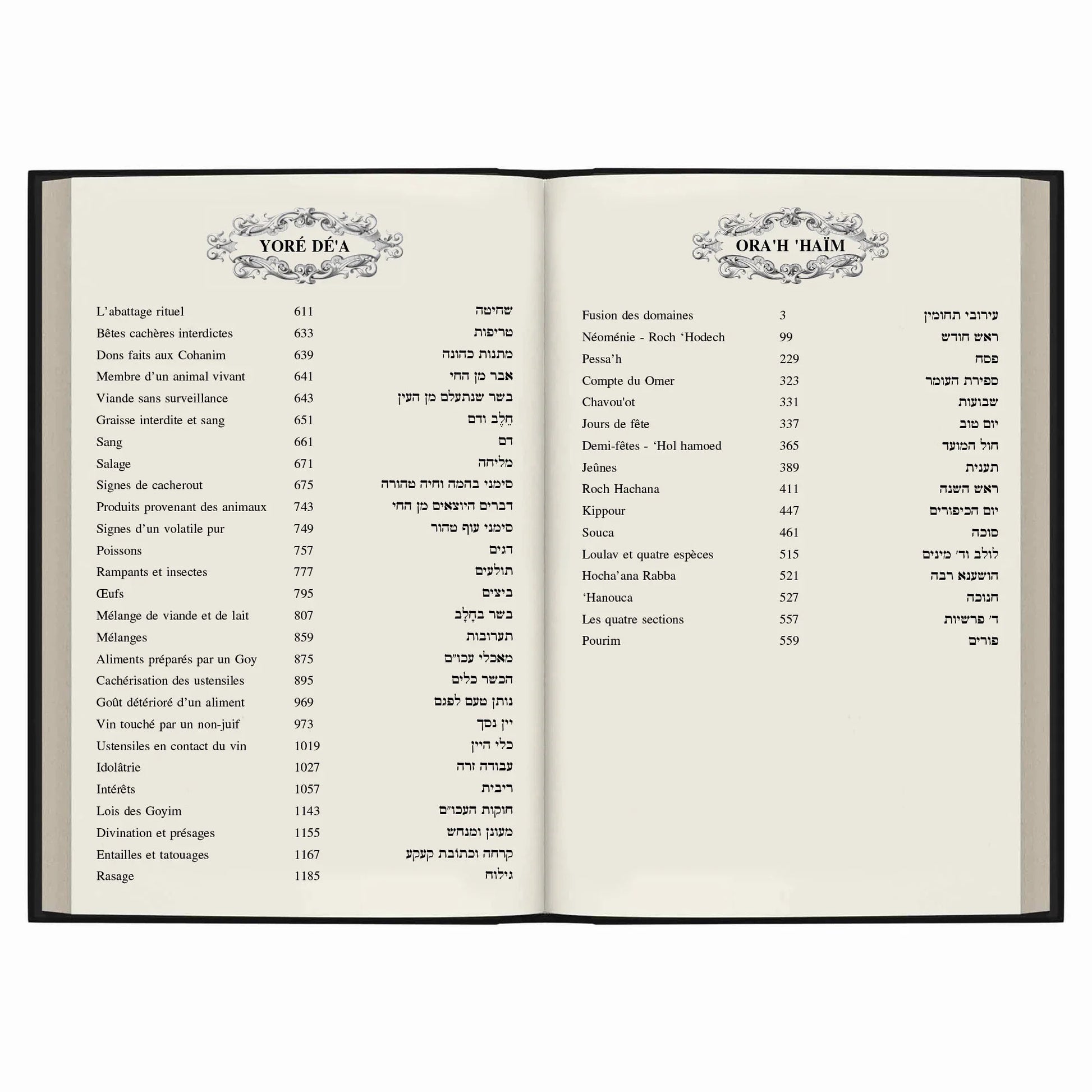 Pages d'un livre ouvert en français et hébreu listant sections sur rituels, cacherout, fêtes juives