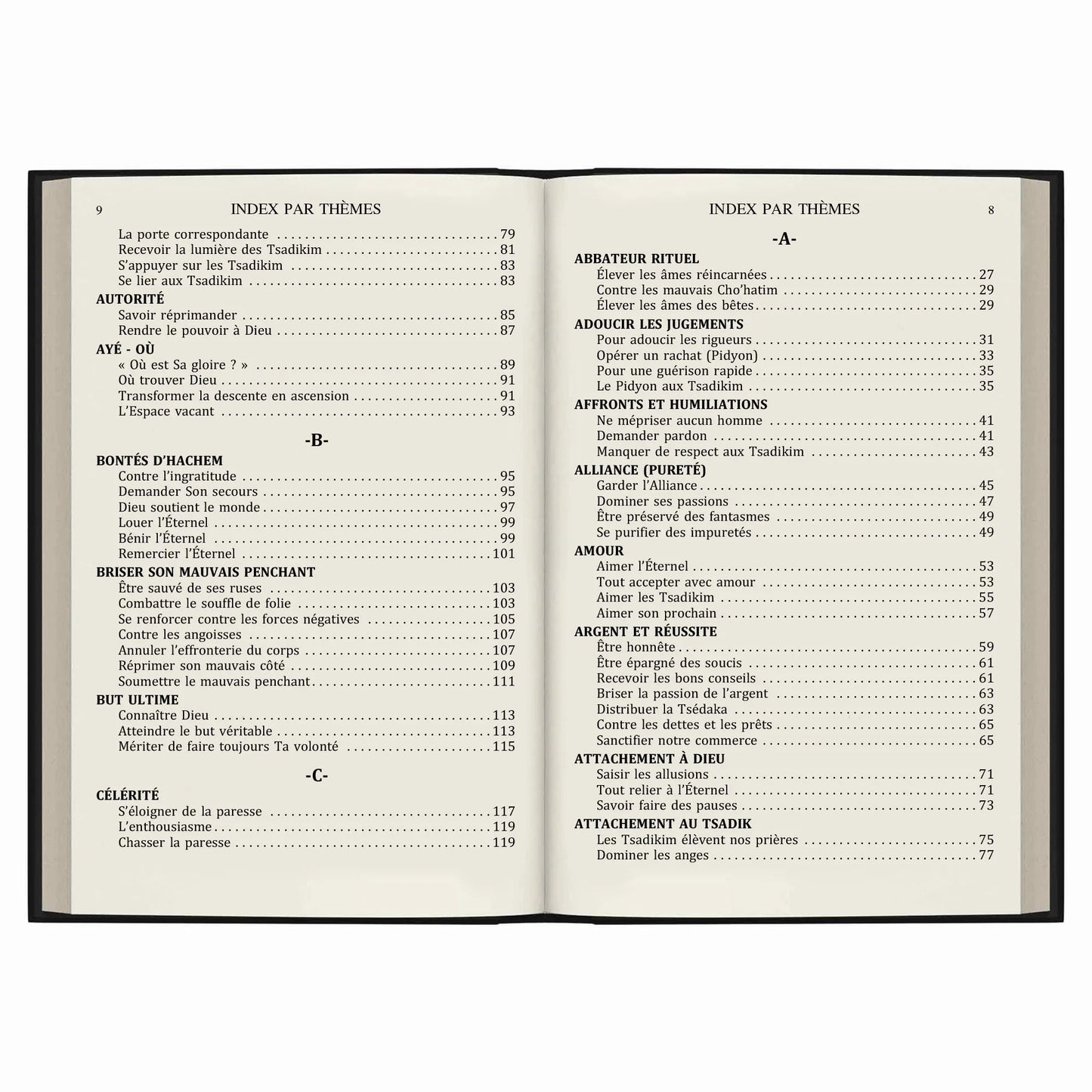 Index thématique d'un livre ouvert avec sections sur rituel, pureté, amour, argent, et attachement divin en français