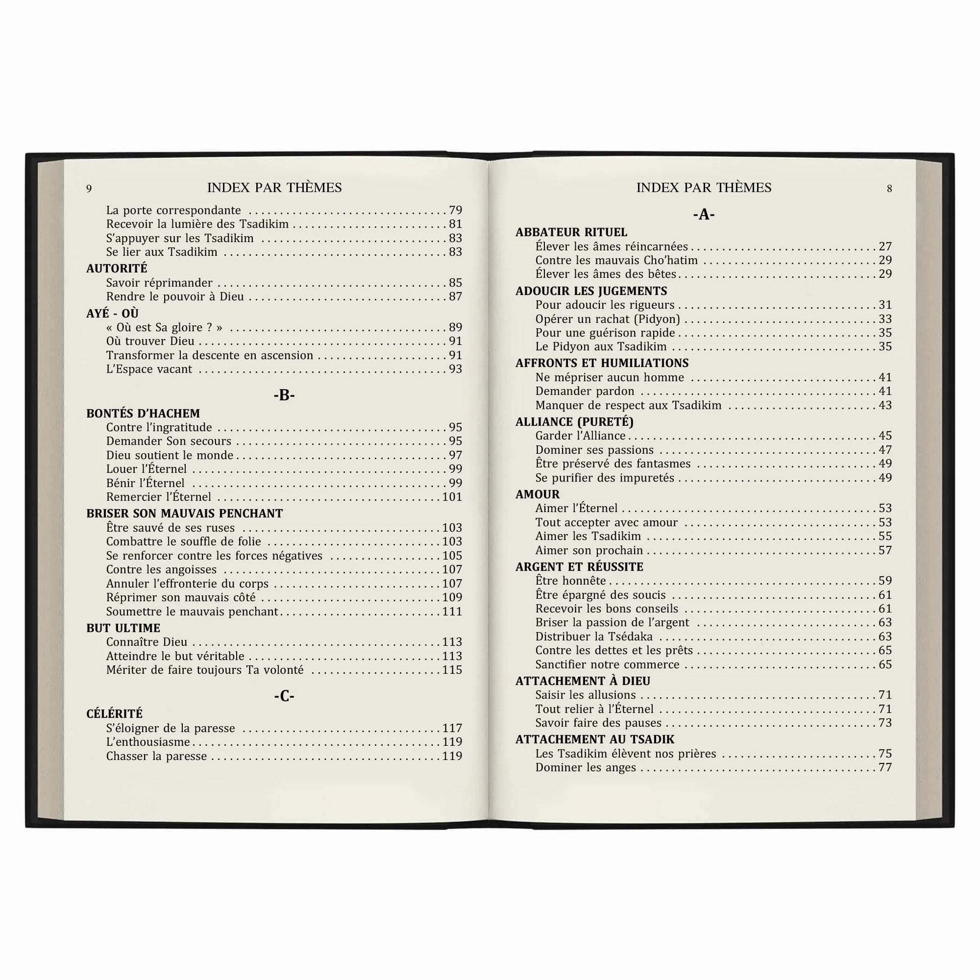Index thématique d'un livre ouvert avec sections sur rituel, pureté, amour, argent, et attachement divin en français