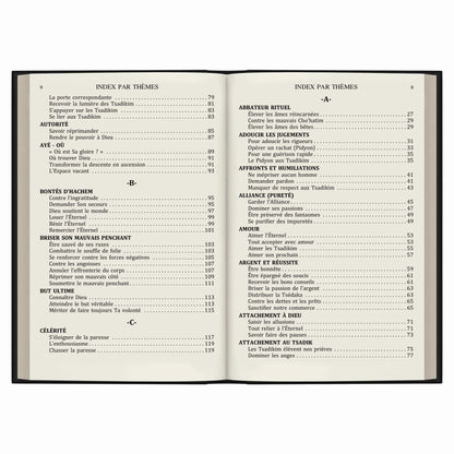 Index thématique d'un livre ouvert avec sections sur rituel, pureté, amour, argent, et attachement divin en français