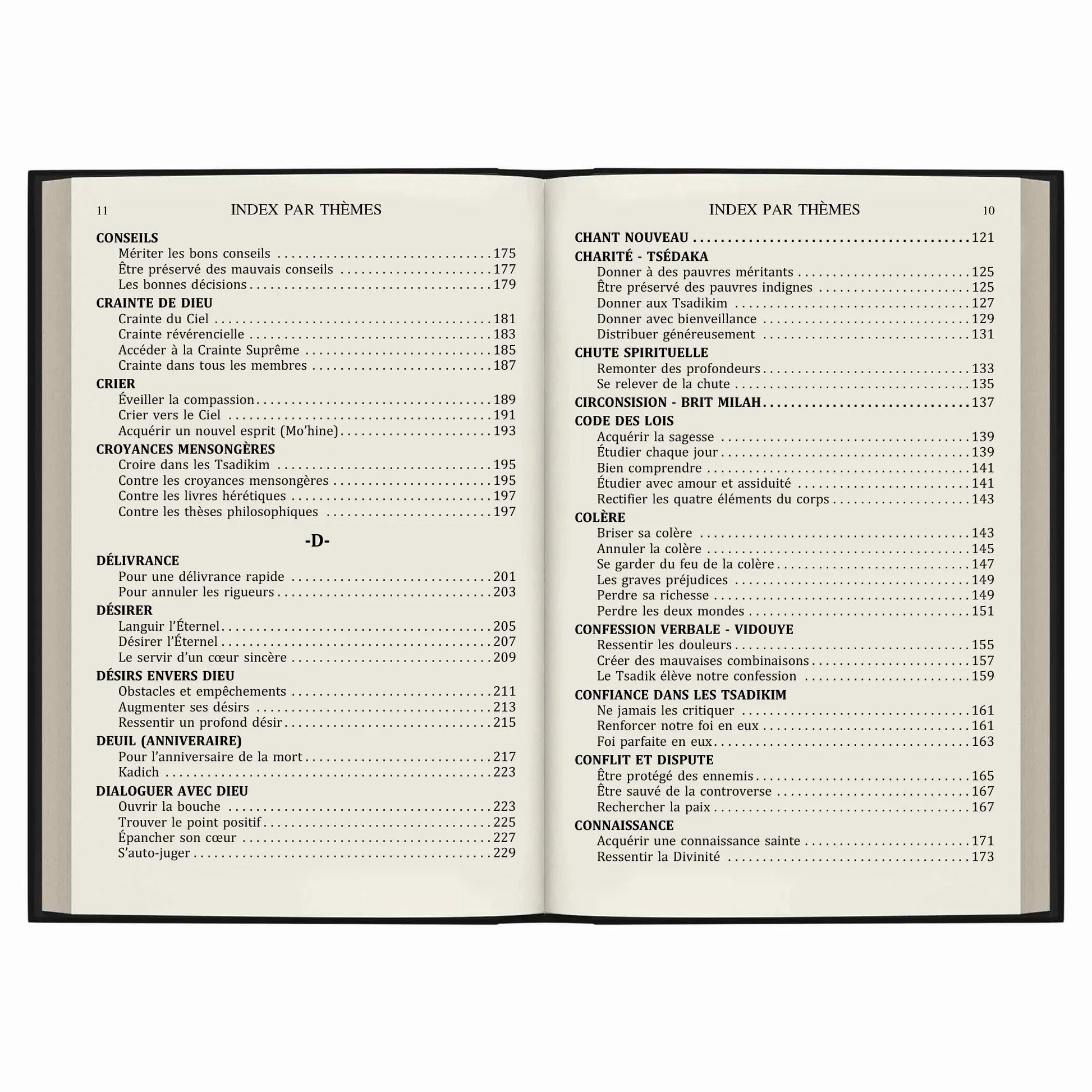 Pages d'index par thèmes d'un livre en français avec sections sur conseils, croyances, colère et spiritualité