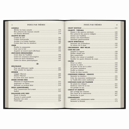 Pages d'index par thèmes d'un livre en français avec sections sur conseils, croyances, colère et spiritualité