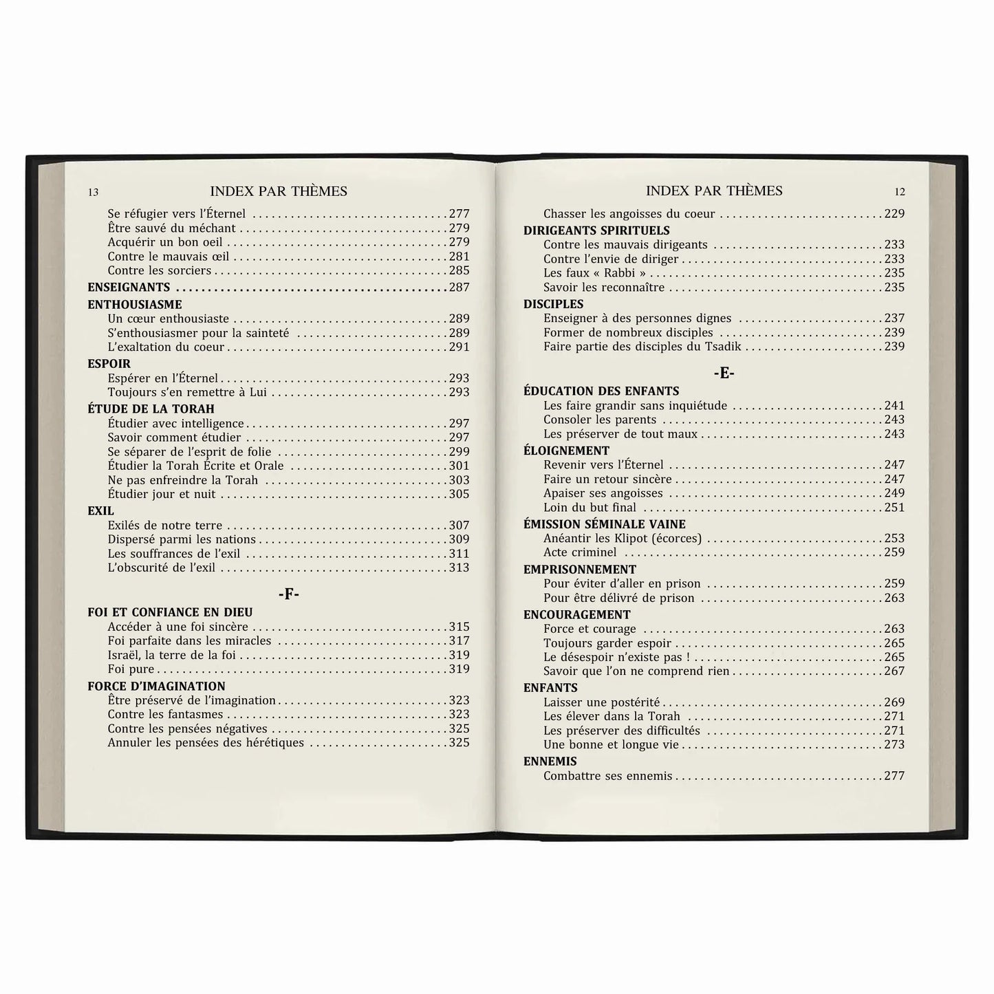 Page d'index par thèmes d'un livre religieux en français, avec sections sur foi, enseignement et spiritualité