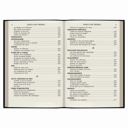 Page d'index par thèmes d'un livre religieux en français, avec sections sur foi, enseignement et spiritualité