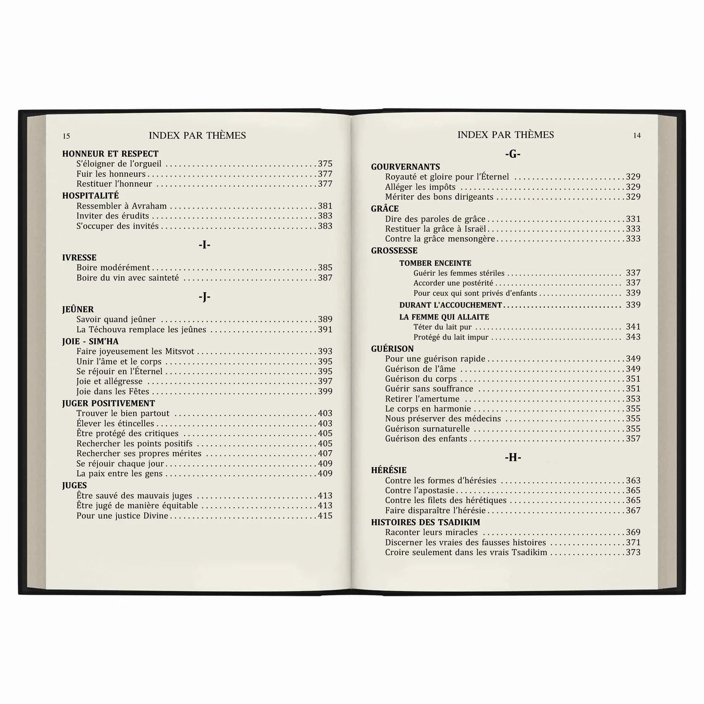 Livre ouvert affichant un index par thèmes avec des sujets comme honneur, hospitalité, jeûne et guérison