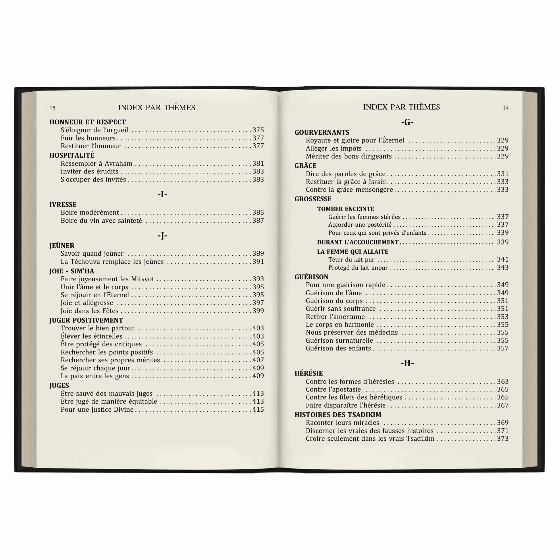 Livre ouvert affichant un index par thèmes avec des sujets comme honneur, hospitalité, jeûne et guérison