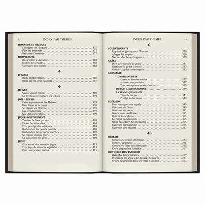 Livre ouvert affichant un index par thèmes avec des sujets comme honneur, hospitalité, jeûne et guérison