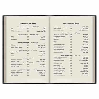 Table des matières d'un livre religieux en français et hébreu présentant prières et bénédictions juives traditionnelles