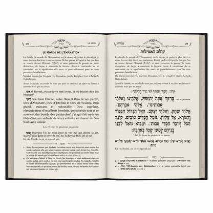 Pages d'un Sidour bilingue hébreu-français ouvert sur la prière Amida avec texte explicatif