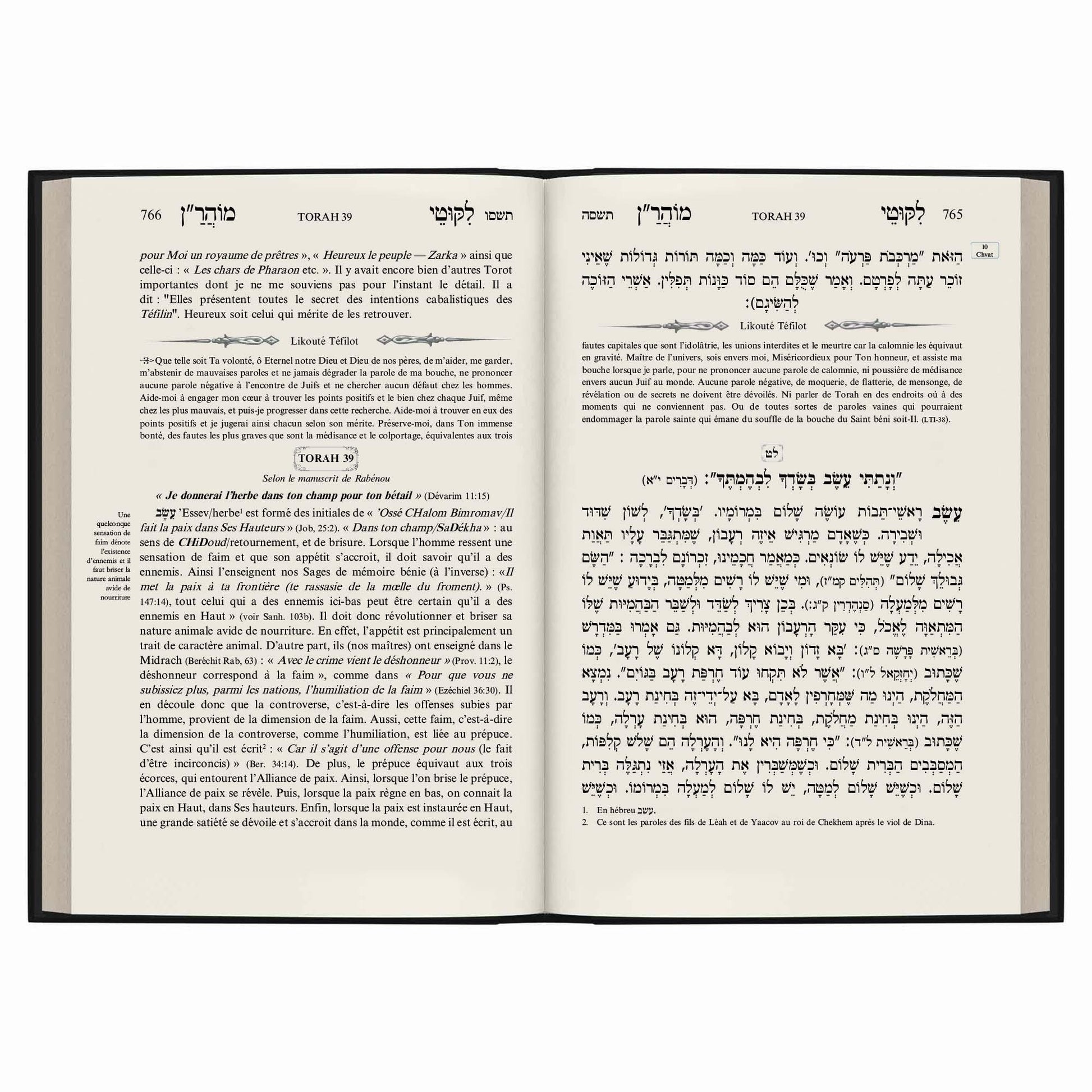 Livre ouvert avec texte en hébreu à droite et traduction/commentaire en français à gauche, pages 765-766, Torah 39