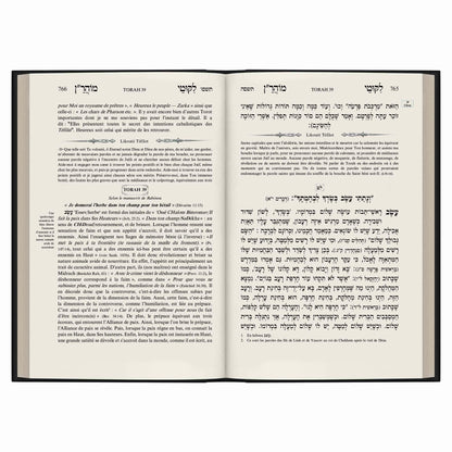 Livre ouvert avec texte en hébreu à droite et traduction/commentaire en français à gauche, pages 765-766, Torah 39