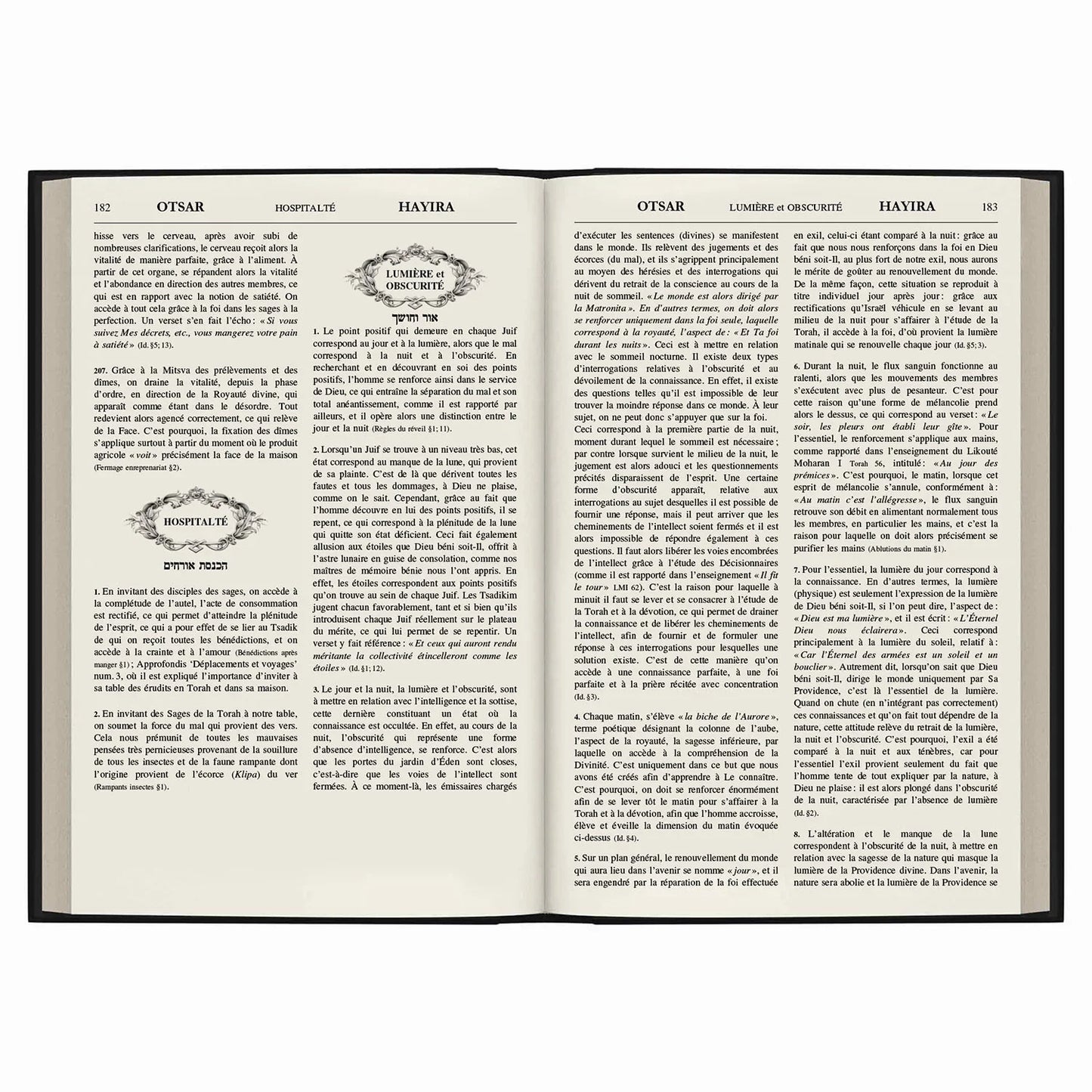 Livre ouvert en français sur hospitalité et lumière et obscurité avec texte et illustrations