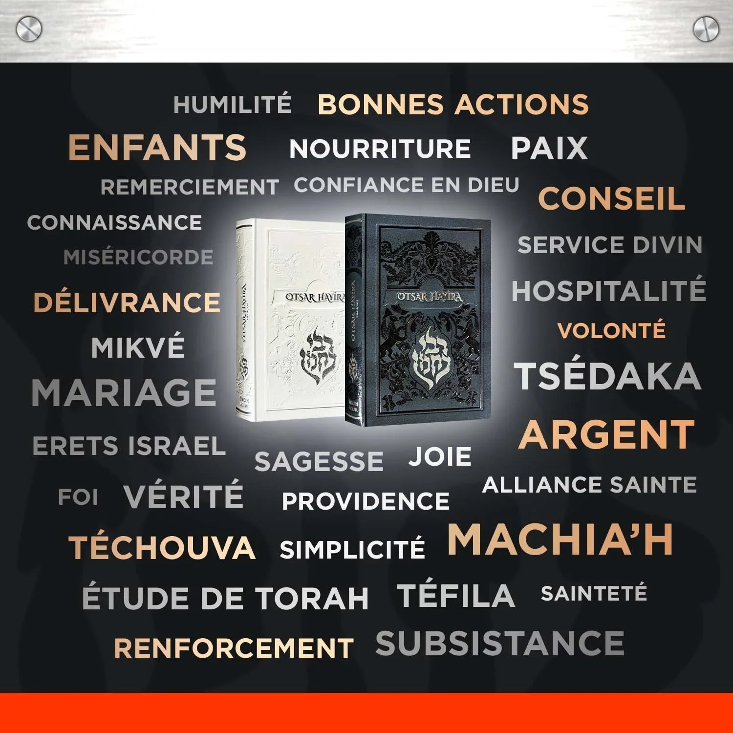 Deux livres Otsar Hayira blanc et noir entourés de mots spirituels en français sur fond sombre
