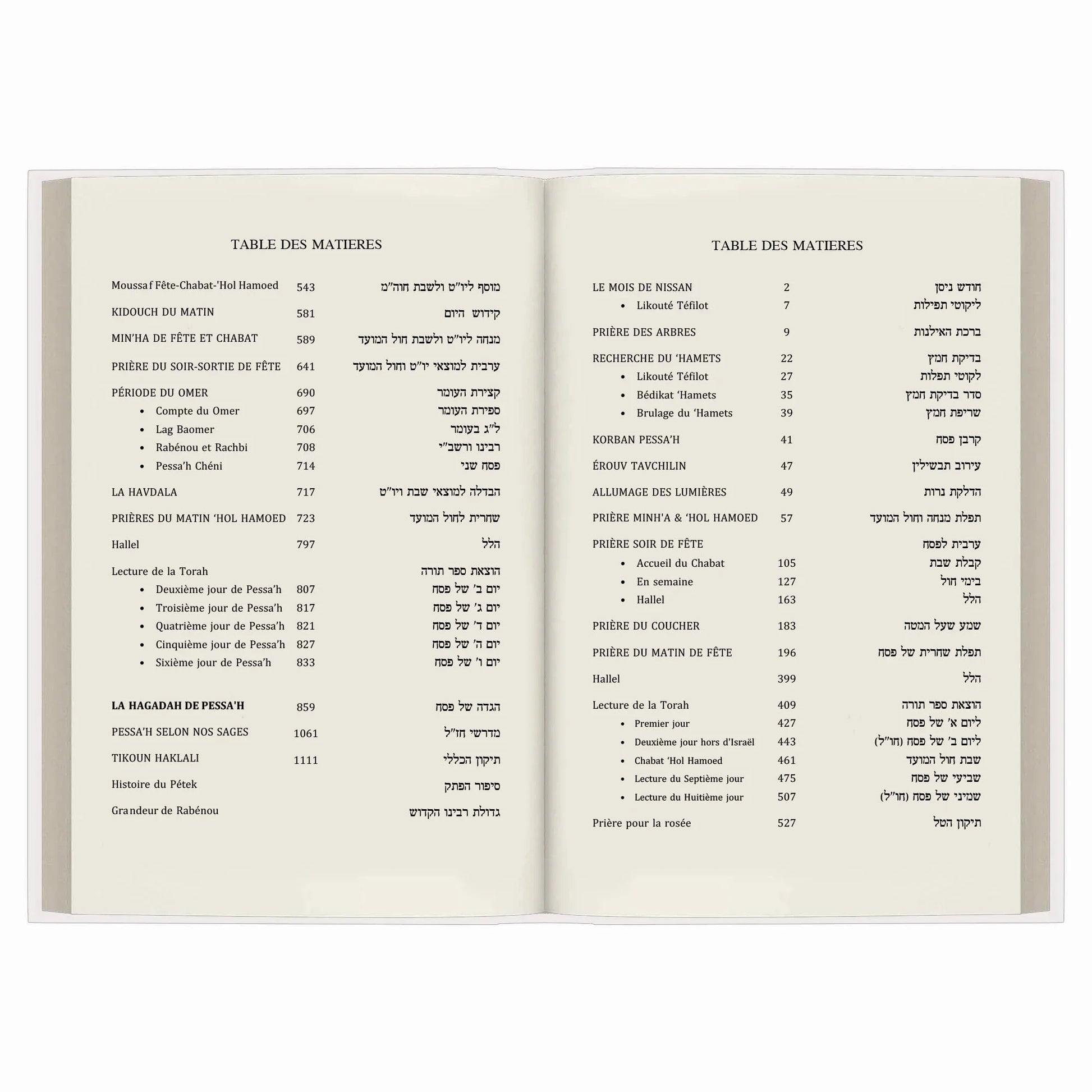 Table des matières en français et hébreu d'un livre religieux sur Pessah et prières associées