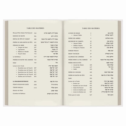Table des matières en français et hébreu d'un livre religieux sur Pessah et prières associées
