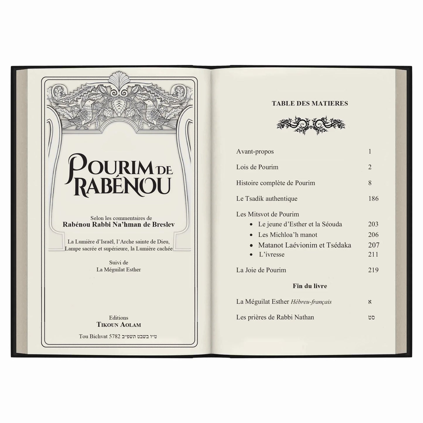 Livre ouvert Pourim de Rabénou avec table des matières sur la fête juive de Pourim