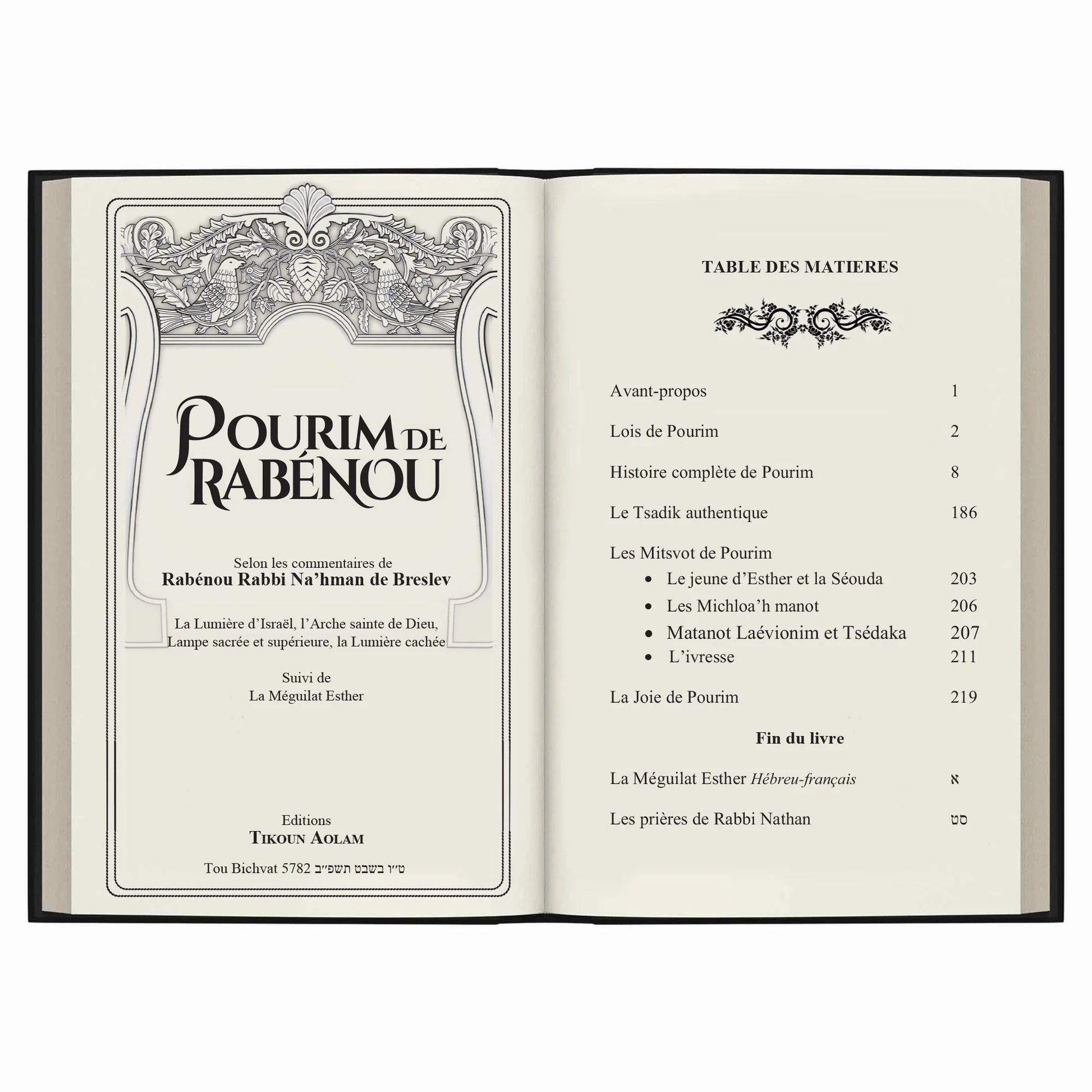 Livre ouvert Pourim de Rabénou avec table des matières sur la fête juive de Pourim