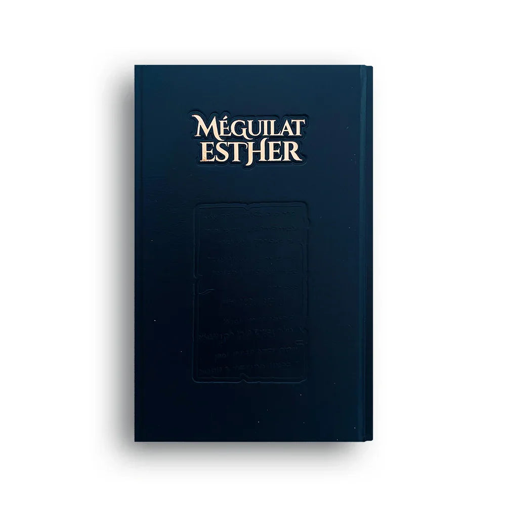 Couverture bleue de livre Méguilat Esther avec titre doré en relief sur fond blanc