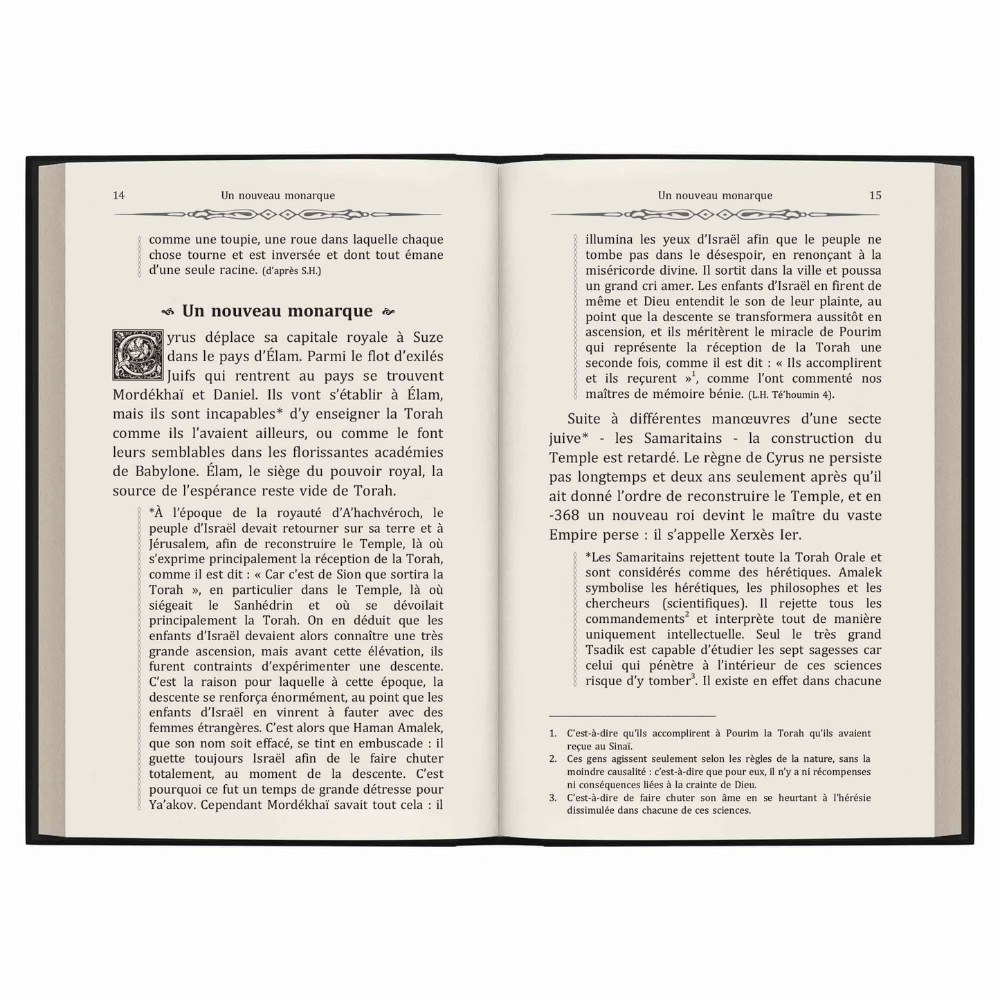 Pages ouvertes d'un livre en français sur l'histoire juive et la Torah, chapitre 'Un nouveau monarque'