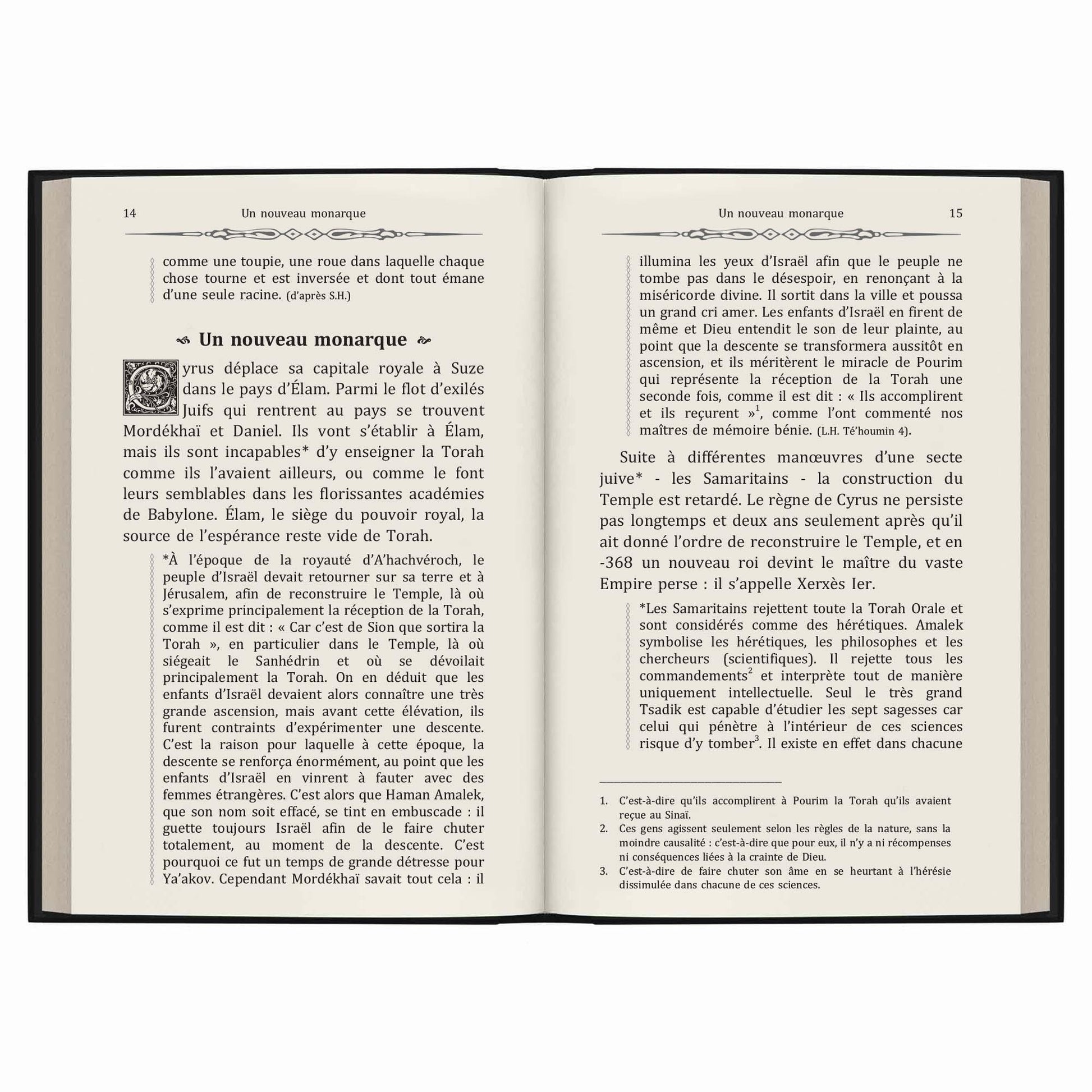 Pages ouvertes d'un livre en français sur l'histoire juive et la Torah, chapitre 'Un nouveau monarque'