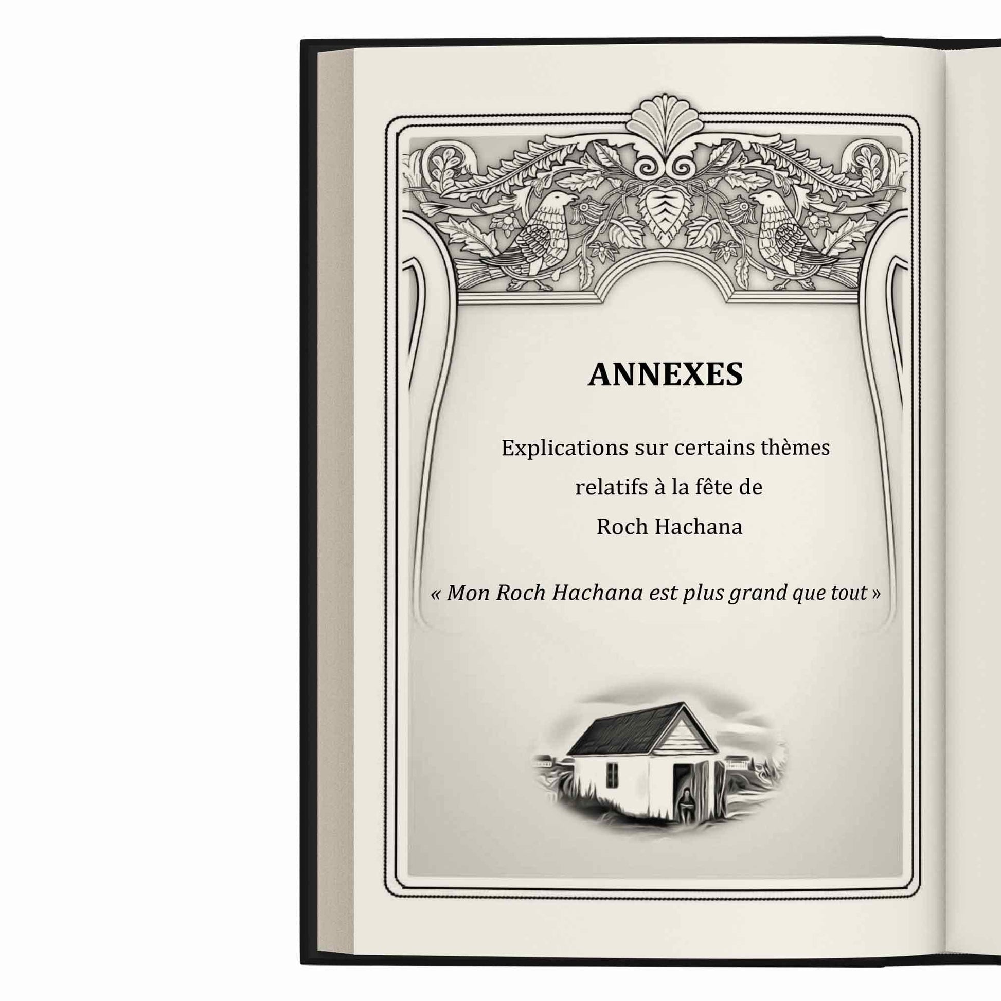 Page de livre décorée avec oiseaux, texte sur Roch Hachana et fête juive, illustration maison