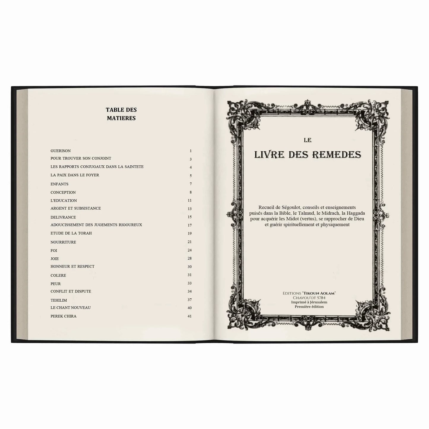 Livre ouvert montrant la table des matières et la page titre du Livre des Remèdes éditions Tikoun Aolam