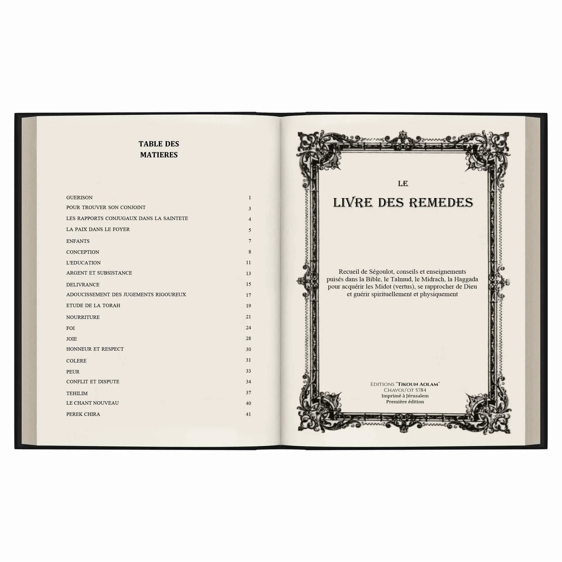 Livre ouvert montrant la table des matières et la page titre du Livre des Remèdes éditions Tikoun Aolam