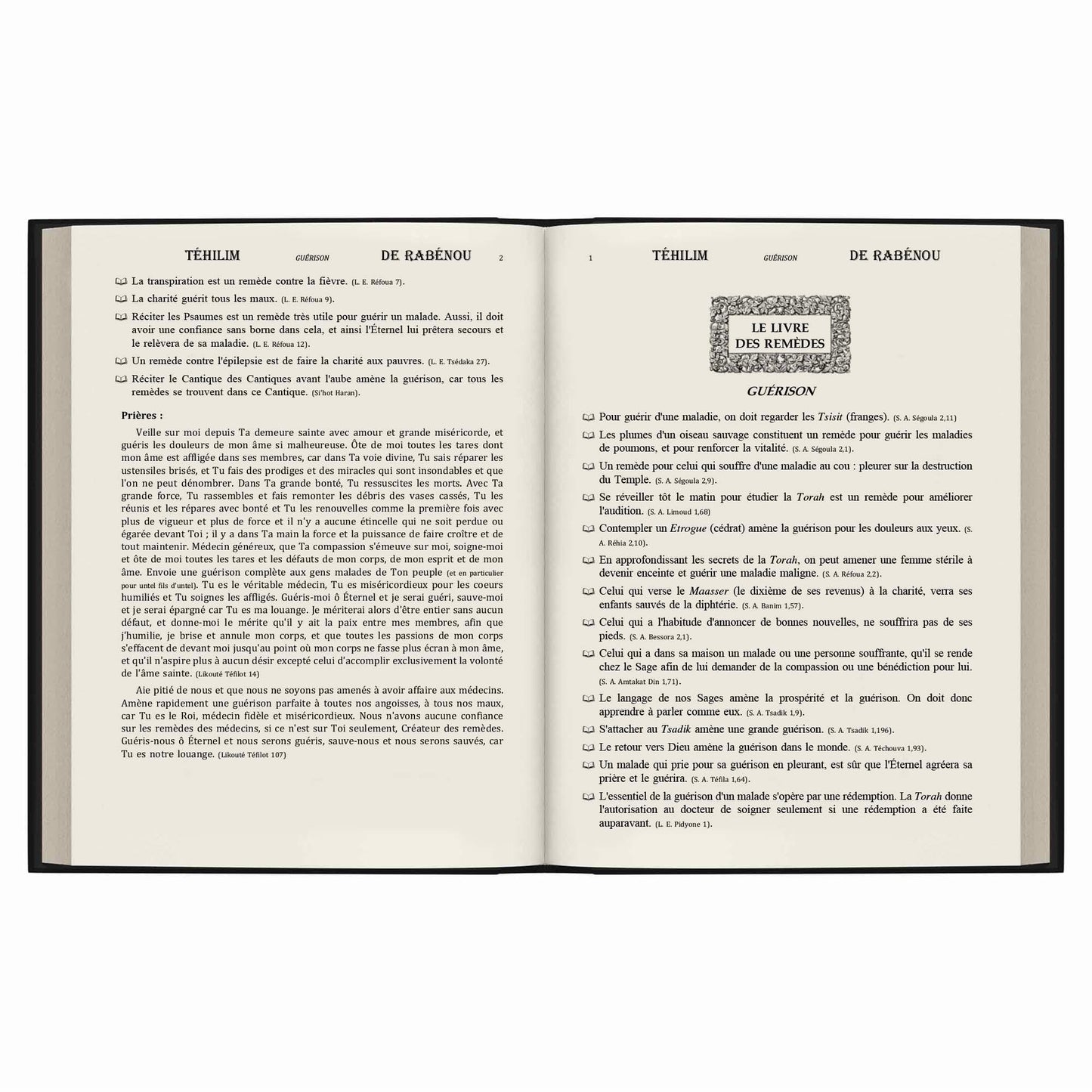 Page ouverte du livre Téhilim de Rabénou sur les remèdes et la guérison en hébreu et français