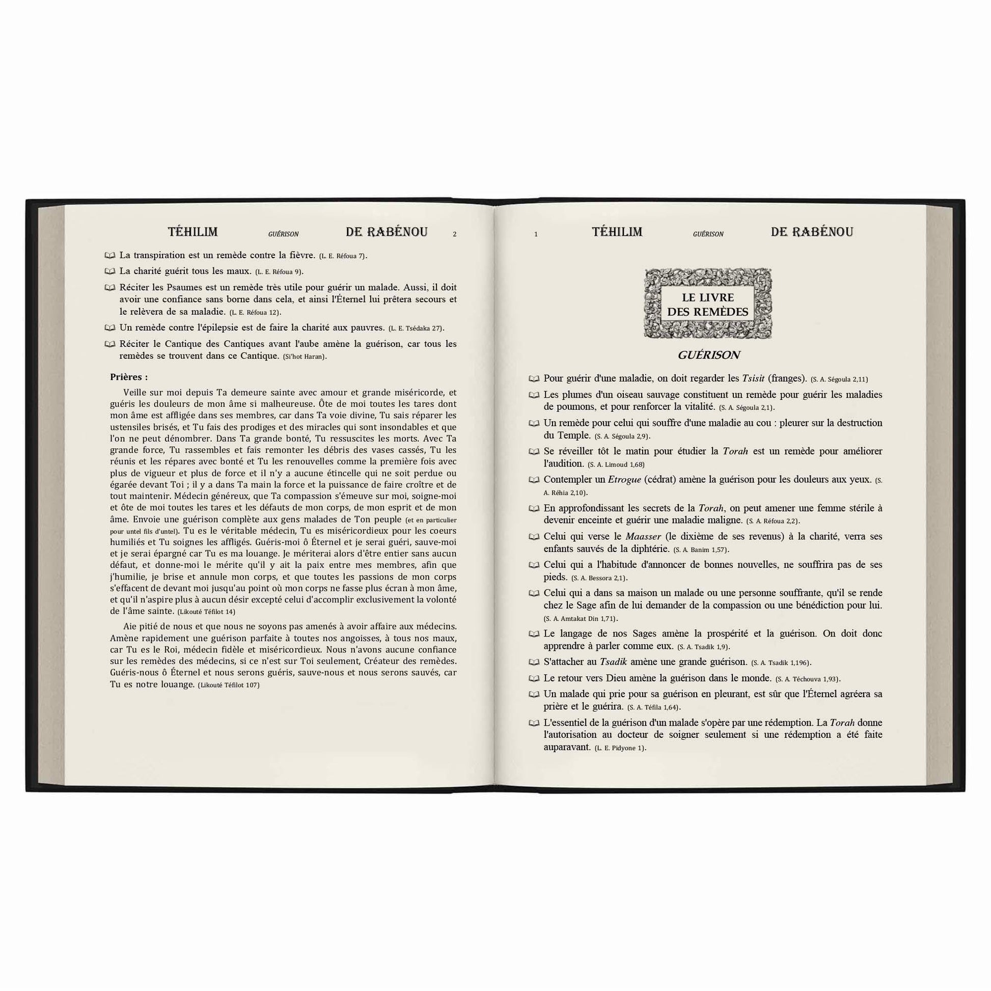 Page ouverte du livre Téhilim de Rabénou sur les remèdes et la guérison en hébreu et français