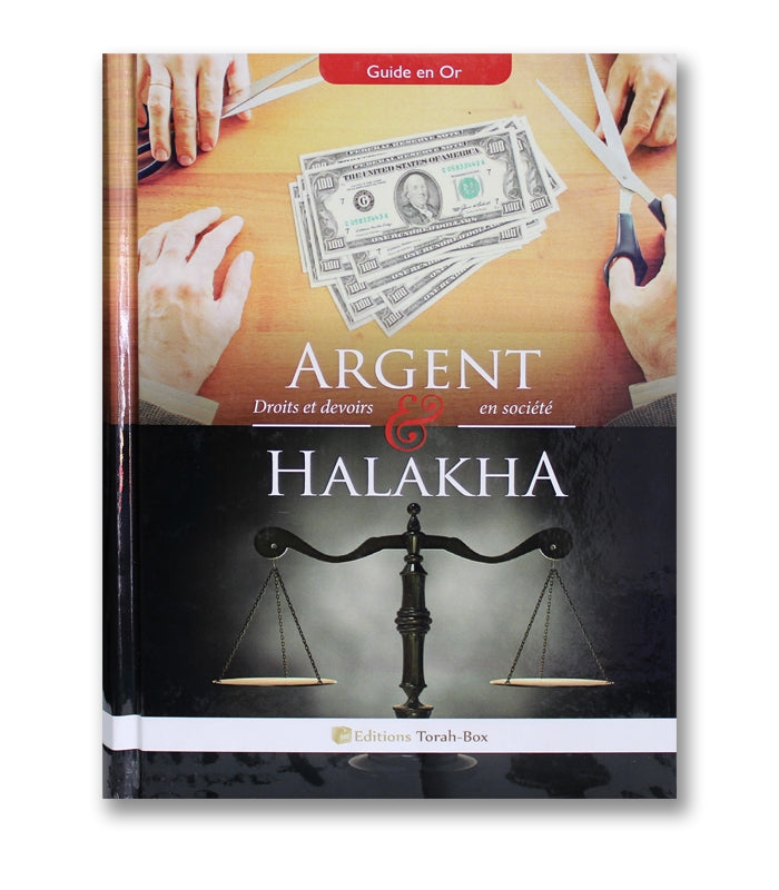 Couverture d'un livre sur argent, droits et Halakha avec image de billets, ciseaux, mains et balance