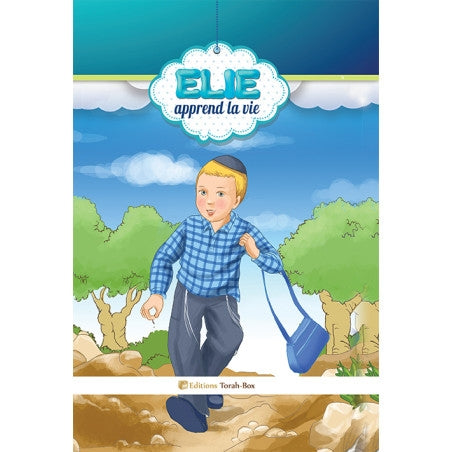 Illustration jeune garçon portant kippa, sac bleu, paysage nature avec arbres, ciel bleu, couverture livre Élie apprend la vie