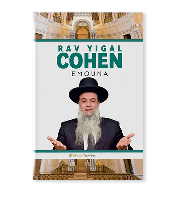 Couverture du livre Emouna de Rav Yigal Cohen avec portrait en costume traditionnel et décor architectural religieux