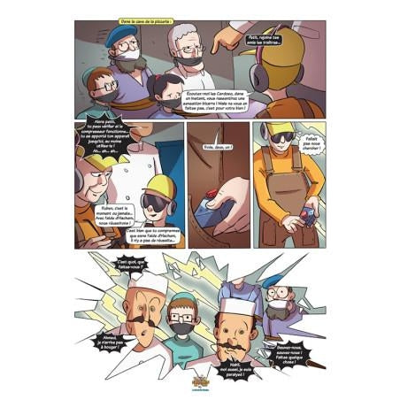 Bande dessinée sur site industriel avec ouvriers en casque et récit en bulles illustrant une enquête