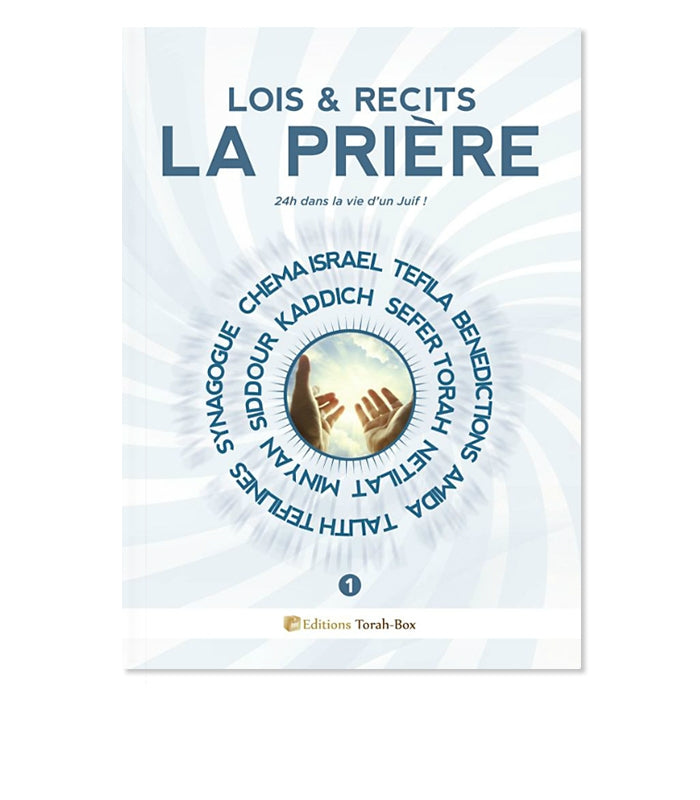 Couverture du livre 'Lois & Récits La Prière' avec mains levées vers le ciel et mots spirituels circulaires