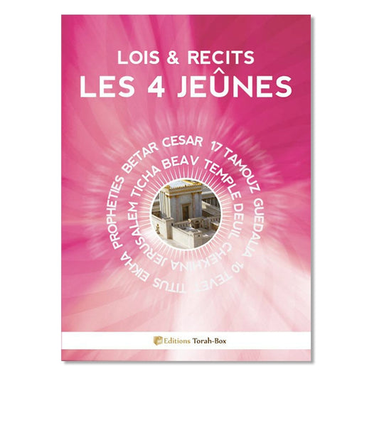 Couverture livre rose Lois & Récits Les 4 Jeûnes avec image temple et texte Editions Torah-Box