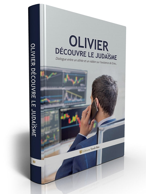Couverture du livre 'Olivier découvre le judaïsme' avec un homme en costume au téléphone devant des écrans financiers
